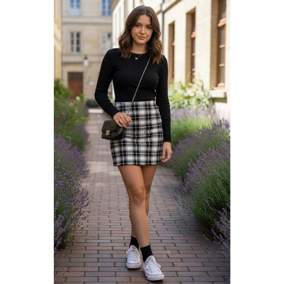 Womens Black White Plaid Pencil Skirt Preppy Academia Checkered Office Career XL - Picture 2 of 8